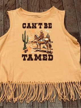 Shyanne Sunset Orange Fringe Tank Top with Western 'Can't Be Tamed' Graphic